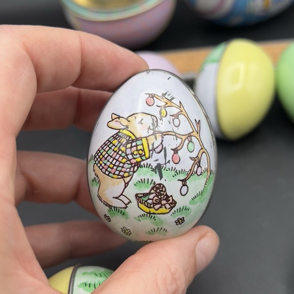 13 Decorated Metal Tin Easter Egg Candy Rabbit Goose...